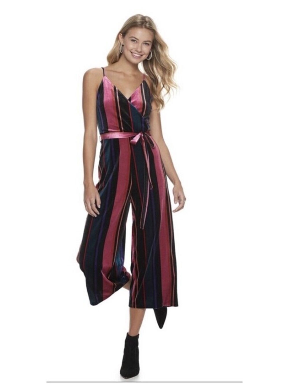 Juniors XL Velvet Jumpsuit Cropped Wide Leg Romper Striped Sleeveless Belted